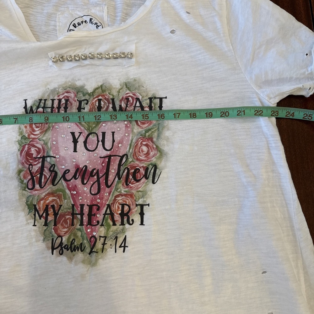 NWOT A Rare Bird Strengthen My Heart Tattered Tee White L/XL Rhinestones Boho - Picture 8 of 10